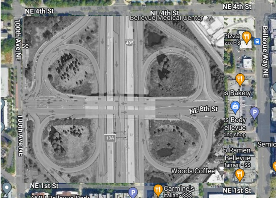 GeoProbability's tweet image. For a sense of scale, the #405 and 8th street #cloverleaf is the same size as #Bellevue's downtown park. @eastsidurbanism