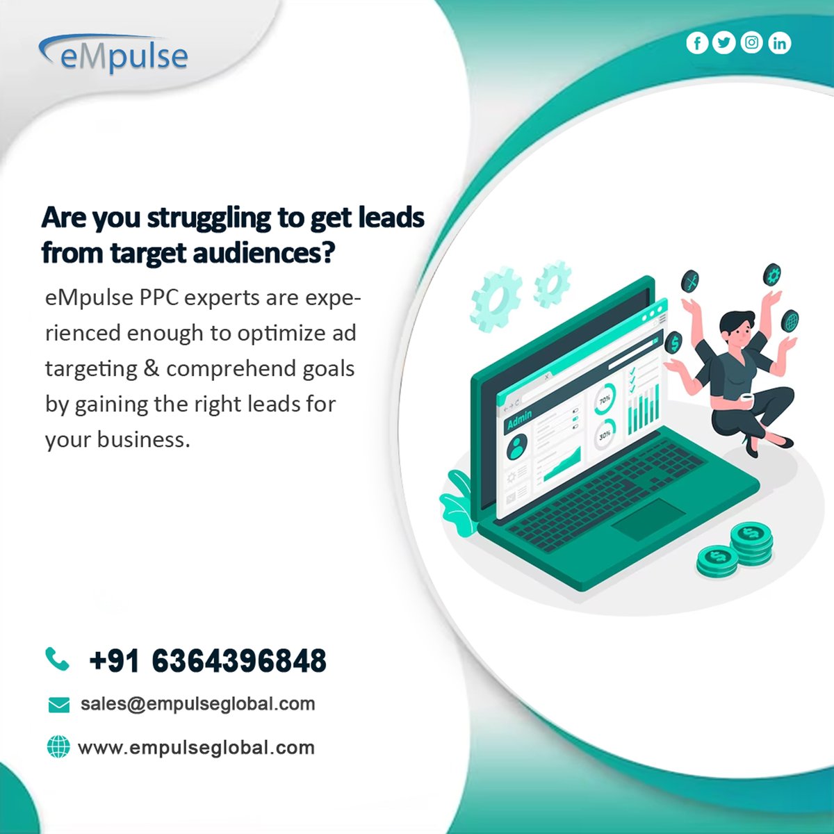 Are you struggling to get leads from target audiences? eMpulse PPC experts are experienced enough to optimize ad targeting & comprehend goals by gaining the right leads for your business. #empulseglobal #digitalmarketing #PPC #googleadsmarketing #leadgeneration