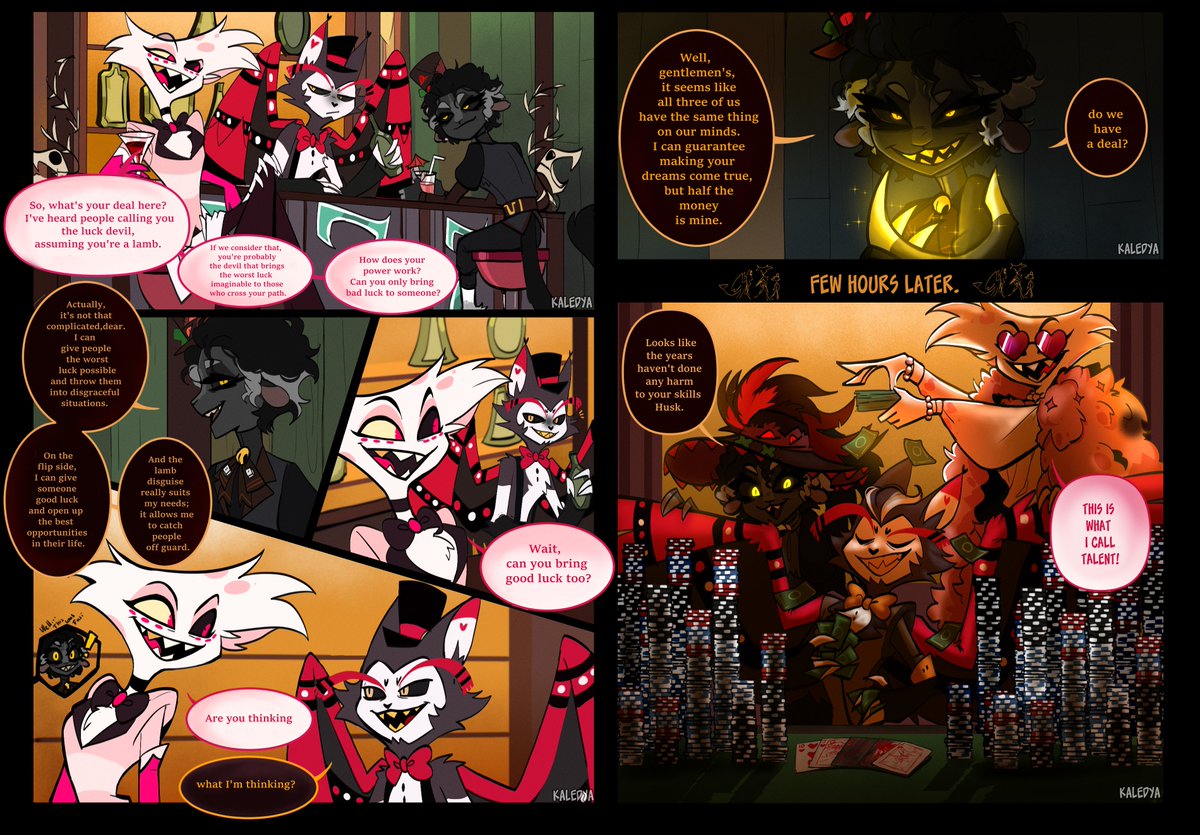 kaledya_'s tweet photo. A walking luck charm, a master gambler, and a showman. What could go wrong?

#HazbinHotel #HazbinHotelOC #HazbinHotelAngelDust #HazbinHotelHusk #HazbinHotelFanart https://t.co/9OL3DXDGYq