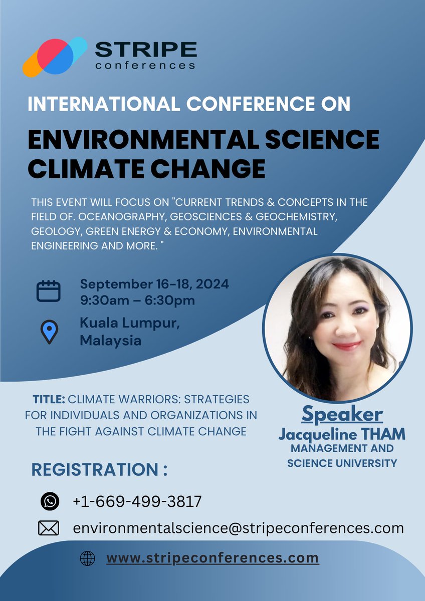 stripeconferenc's tweet image. Join us at the International Conference on Environmental Science &amp;amp; Climate Change on September 16-18, 2024, in the vibrant city of Kuala Lumpur, Malaysia!
#EnvironmentalScienceConference #ClimateChangeSolutions #KualaLumpurSustainability #EcoConference #ConferenceInKL