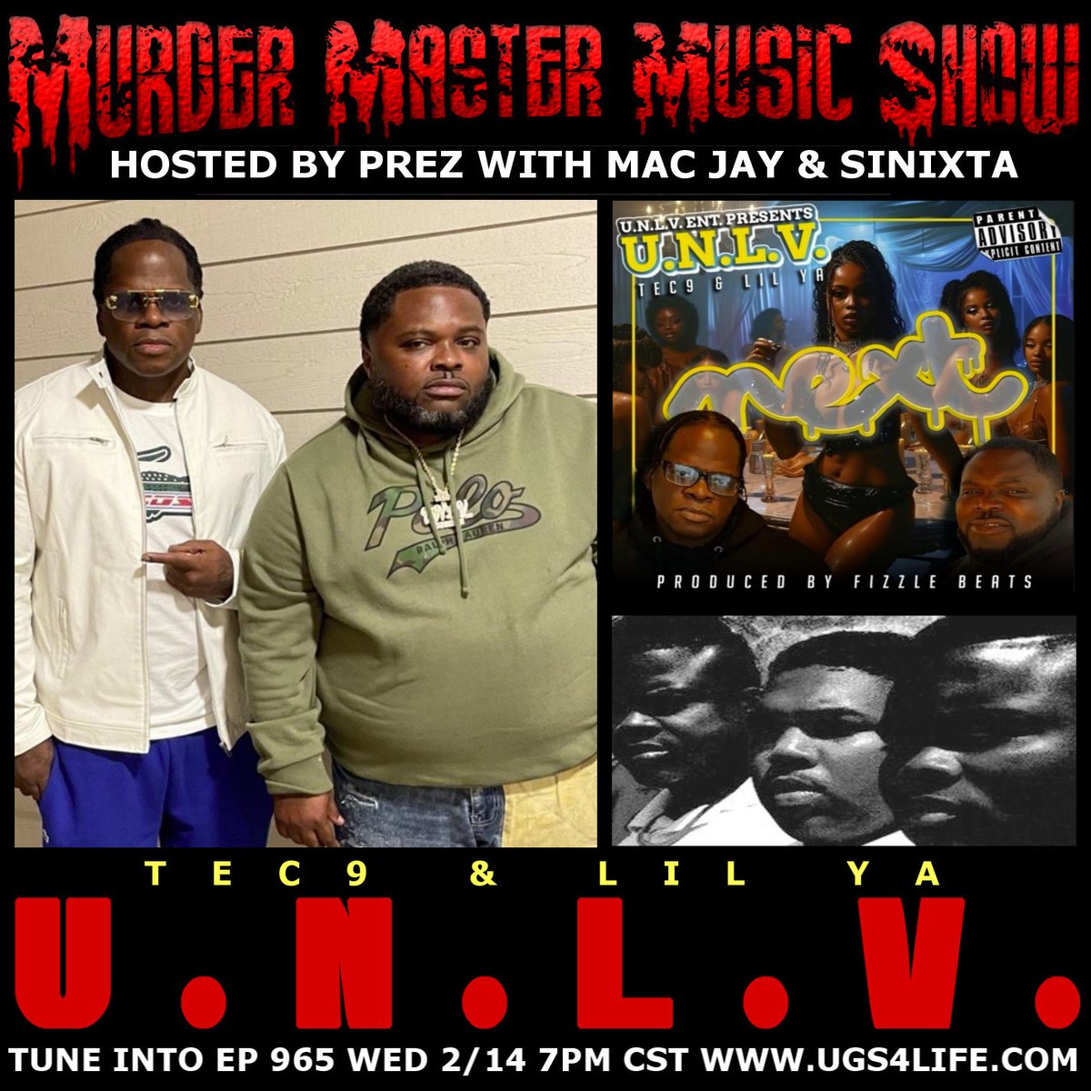 Tune into Ep 965 w/ U.N.L.V. (Tec9 & Lil Ya) @lilyaunlv3 @tec9unlv
Wed 2/14 7pm CST ugs4life.com
Like, Follow, Share Murder Master Music Show

#unlv
#tec9
#lilya
#RIPYellaBoy
#neworleanshiphop
#realrap
#originalrappodcast
#murdermastermusicshow
#undergroundrap