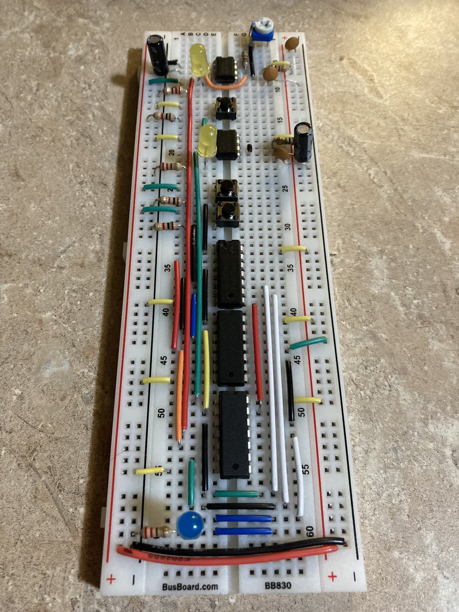 ootisg's tweet photo. I made the timer module from Ben Eater’s computer kit! Sadly one of my 555 timers broke, but there were enough extra gates in the logic chips to make an SR latch instead https://t.co/FBgG657oM8