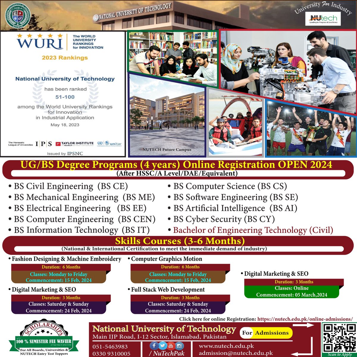 Application for NUET-II has started and we are ready to welcome bright minds for our new batch.

Along with that #NUTECH has launched exciting courses that will help you to earn while you learn.

Register yourself at:  nutech.edu.pk/admsns/online-… 
#UGADMISSIONS #NUET #Fall