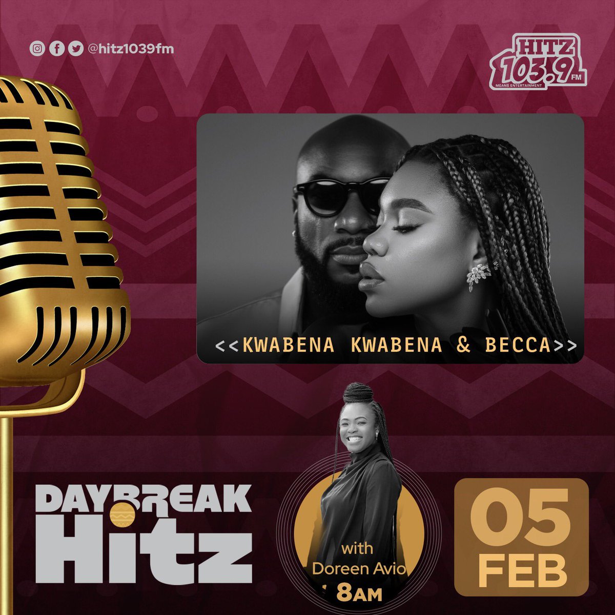 Good morning and welcome to #DaybreakHitz with @DoreenAvio. Singers @kbkbmuzic and @beccafrica will join us later on the show to talk about the Love Concert and more.