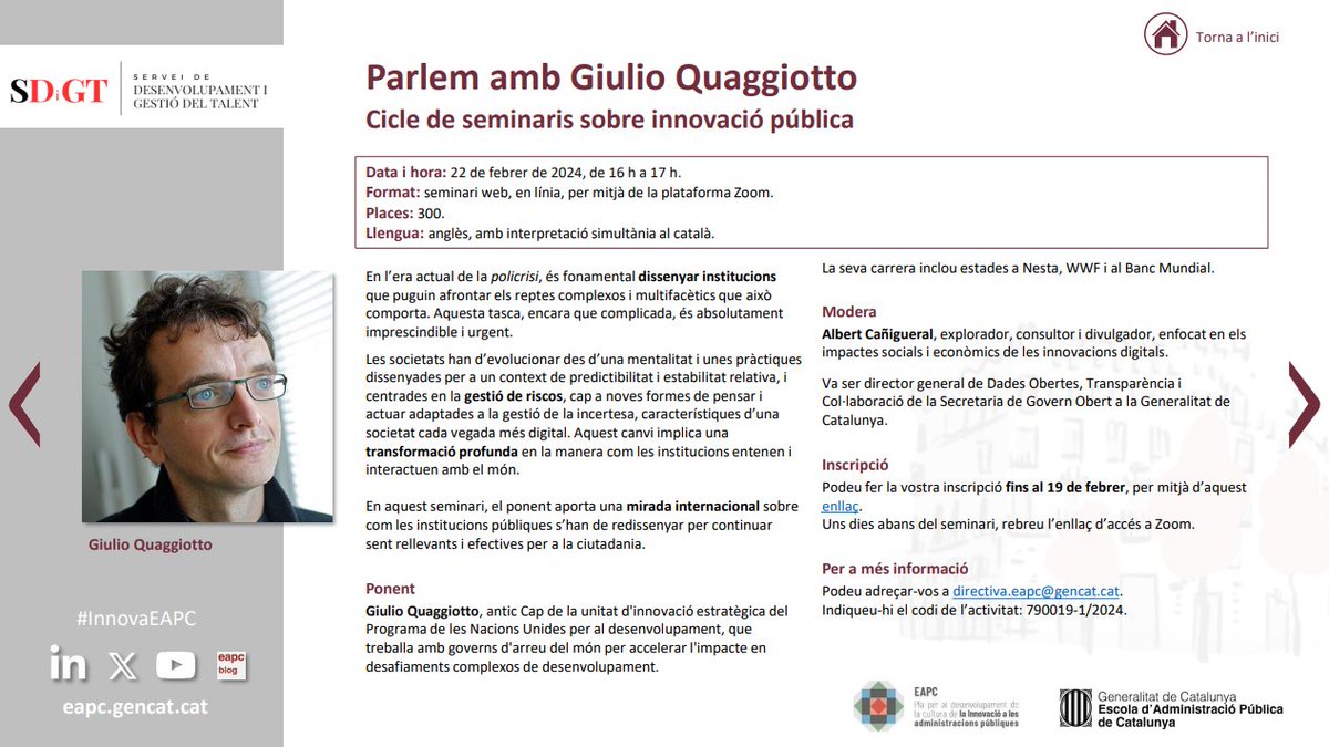 eapccat's tweet photo. 💡 Cicle de seminaris sobre #InnovacióPública: Parlem amb @gquaggiotto

📅 22/02 - De 16 a 17 h
💻 Zoom
✍️ Inscripcions obertes fins al 19/02
Modera: @AlbertCanig

https://t.co/1JlGgYPTrk

#InnovaEAPC https://t.co/z0lRPbTj6e