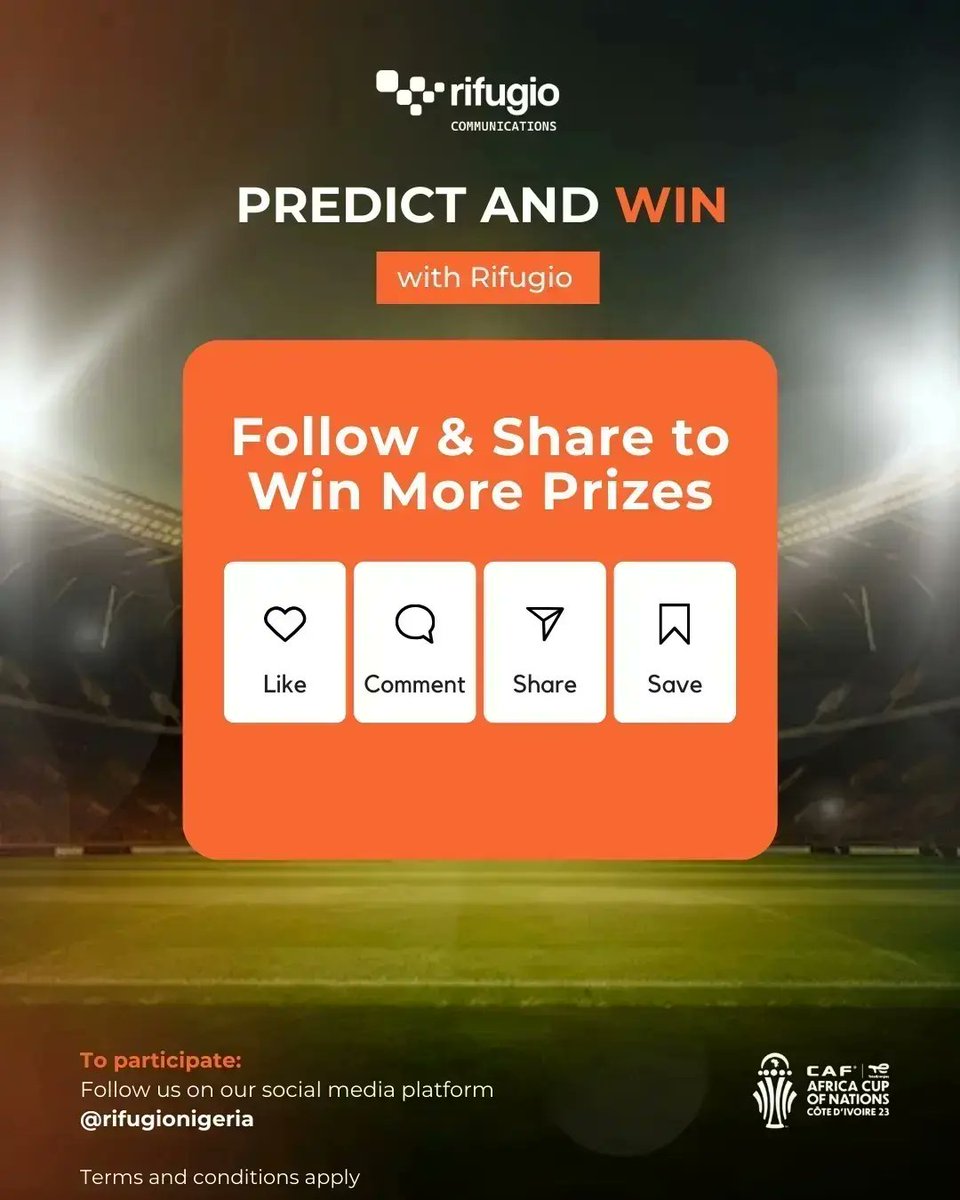 RifugioNigeria's tweet photo. Predict the semi-final matches for a chance to win awesome prices.
Leave your predictions for both matches in the comments section.⚽️
You have to follow the page to win. T and C apply.
#rifugio #Rifugionigeria #afcon2024🇨🇮 #afcon2024 #afcon #predictandwinchallenge https://t.co/nVfjvDUUiM
