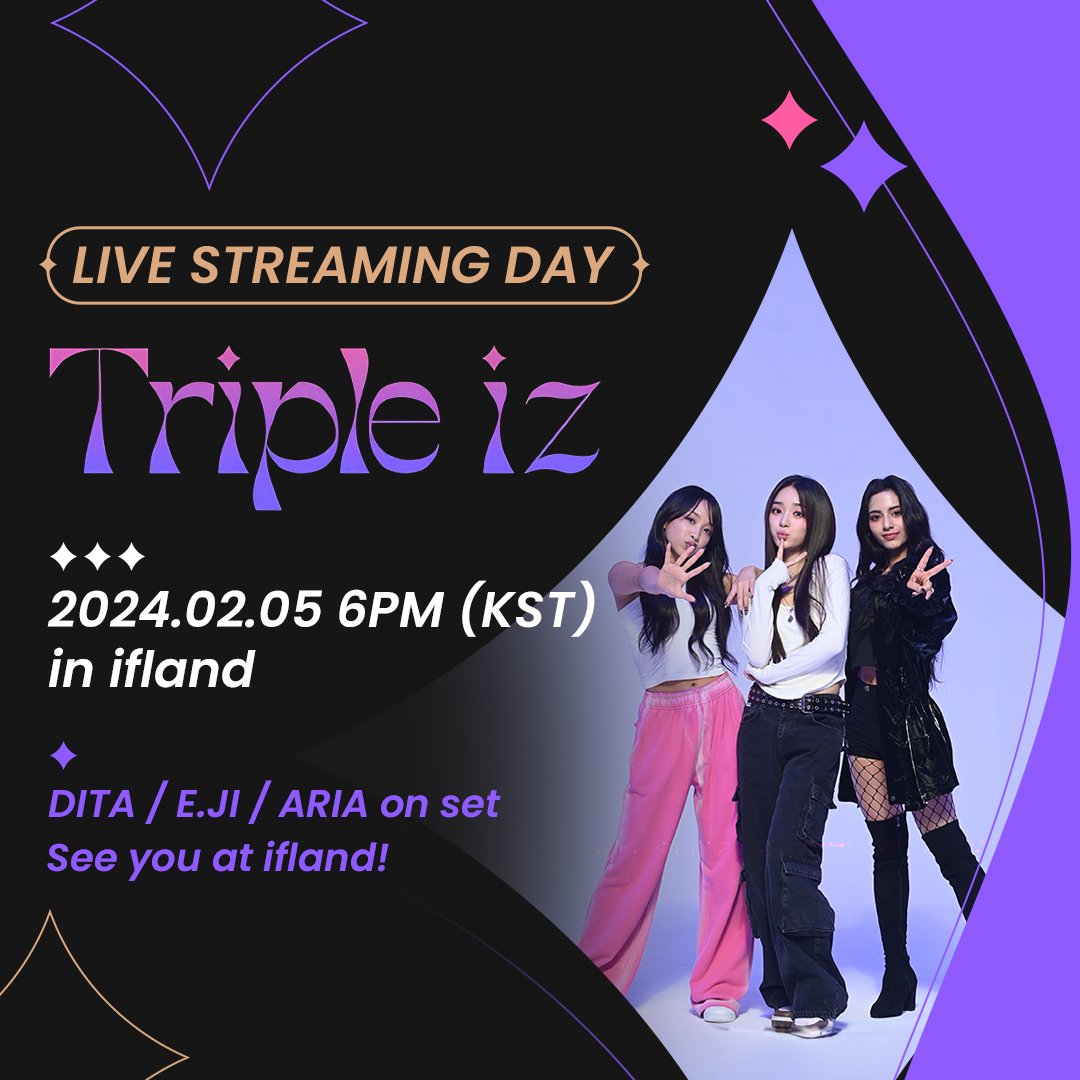 TripleIz_twt's tweet photo. [📢]Triple iz Live Stream Event

📌Feb 5th 18:00(KST)

✨Members will start live streaming on Ifland&amp;Instagram

▶️https://t.co/K7LksJrXXP
▶️https://t.co/NPk7kAtjb0

#트리플아이즈 #TripleIz #디타 #DITA #이지 #E_JI #아리아 #ARIA @5ecretNumber @ichillin_km @X_in_official https://t.co/EBpRGq53VU