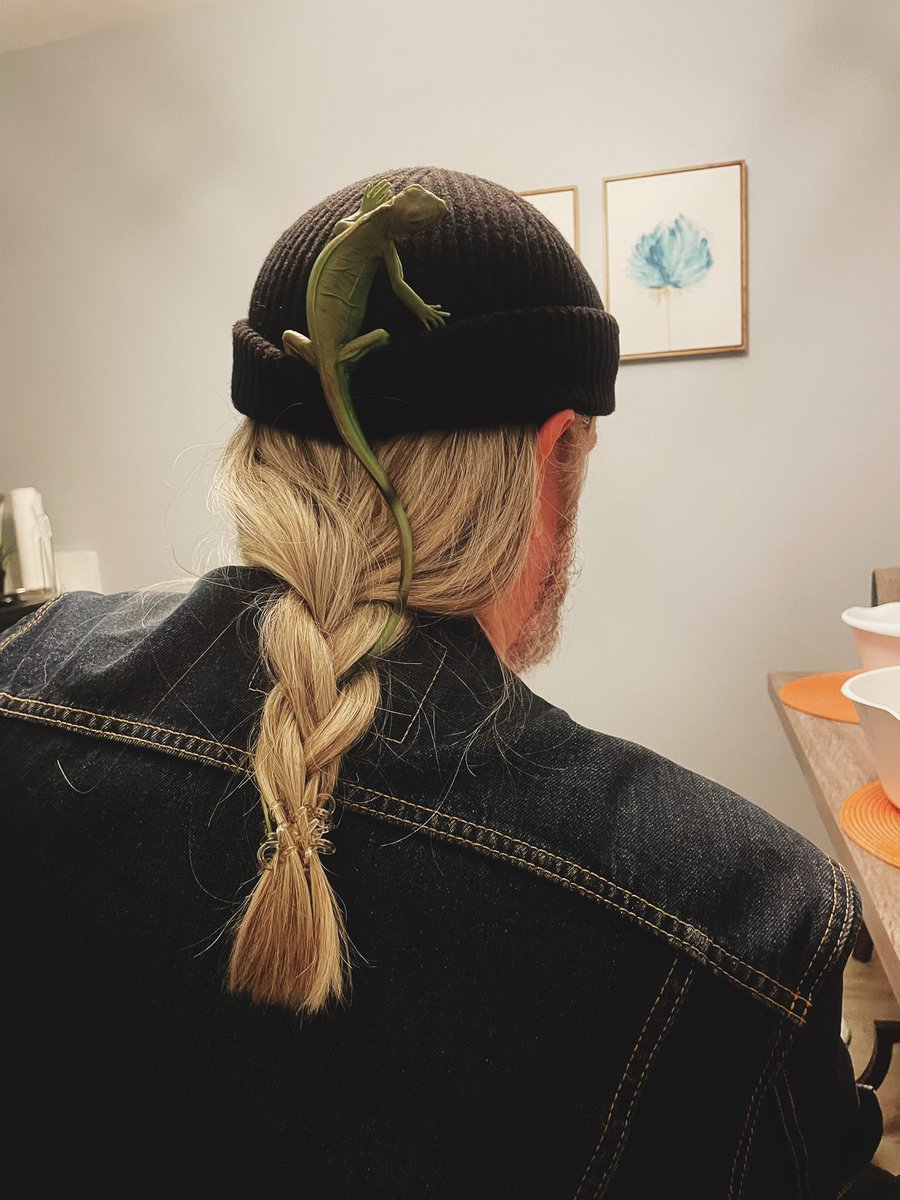 Jilko's tweet photo. This is me now. The braid is real and the lizard is rubber. My new stylist is my niece, Suzie. https://t.co/fFaEwFLpPb