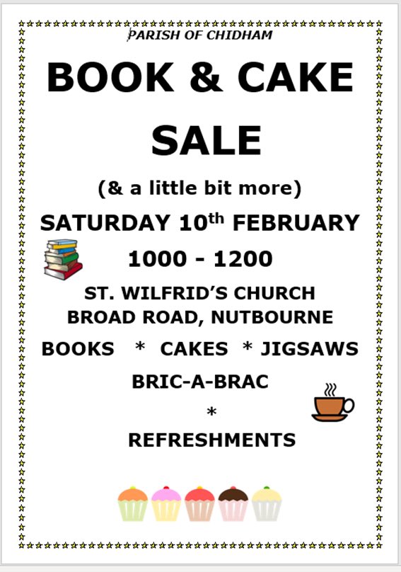 ChidhamStMarys's tweet photo. Love books? Only 5 days to go until our annual book & cake sale. Last year the hall was packed! Who said books aren’t as popular as they were. Come along and grab a 50p bargain and pick up a delicious cake too! @LocalVillageMag @EmsworthOnline #books @chichestermedia #chidham https://t.co/hN5Kkv2WeR