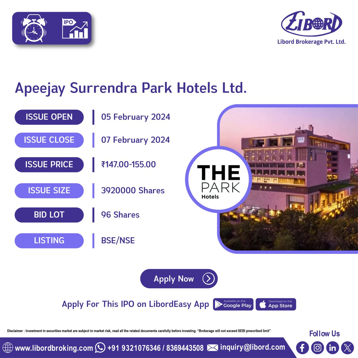 LibordBrokerage's tweet image. Apeejay Surrendra Park Hotels Ltd. #IPO hit the market book now
IPO Application Date: 5 February to 7 February 2024
Hurry to book your IPO at ekyc.libordbroking.com/eipo
#ApplyIPO #BookIPO #LatestIPO #IPOalert #IPONEWS #viralpost #nifty #virals #nse #IPO #bse #sebi #chatgpt #business
