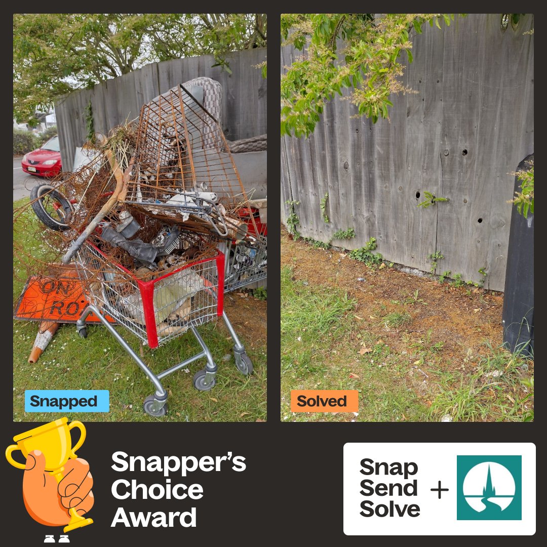 SnapSendSolve's tweet photo. We're excited to announce that Christchurch City Council has won our Snapper's Choice Award for New Zealand.
This dumped rubbish Snap was cleaned up in under 24 hours. Talk about speedy!
Check out the full list of winners: https://t.co/KRsBoP1nTw
#SnapSendSolve #SolveroftheYear https://t.co/yllixXBijR