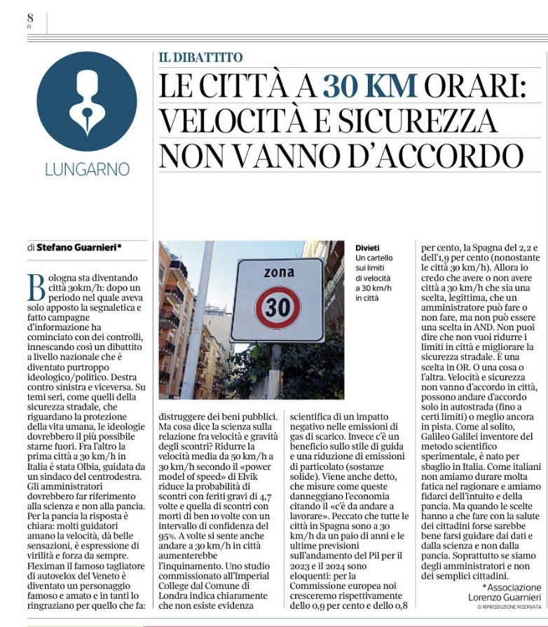 Velocità e sicurezza in città non vanno d’accordo. Da leggere. By Stefano Guarnieri (@vaLoreVita)