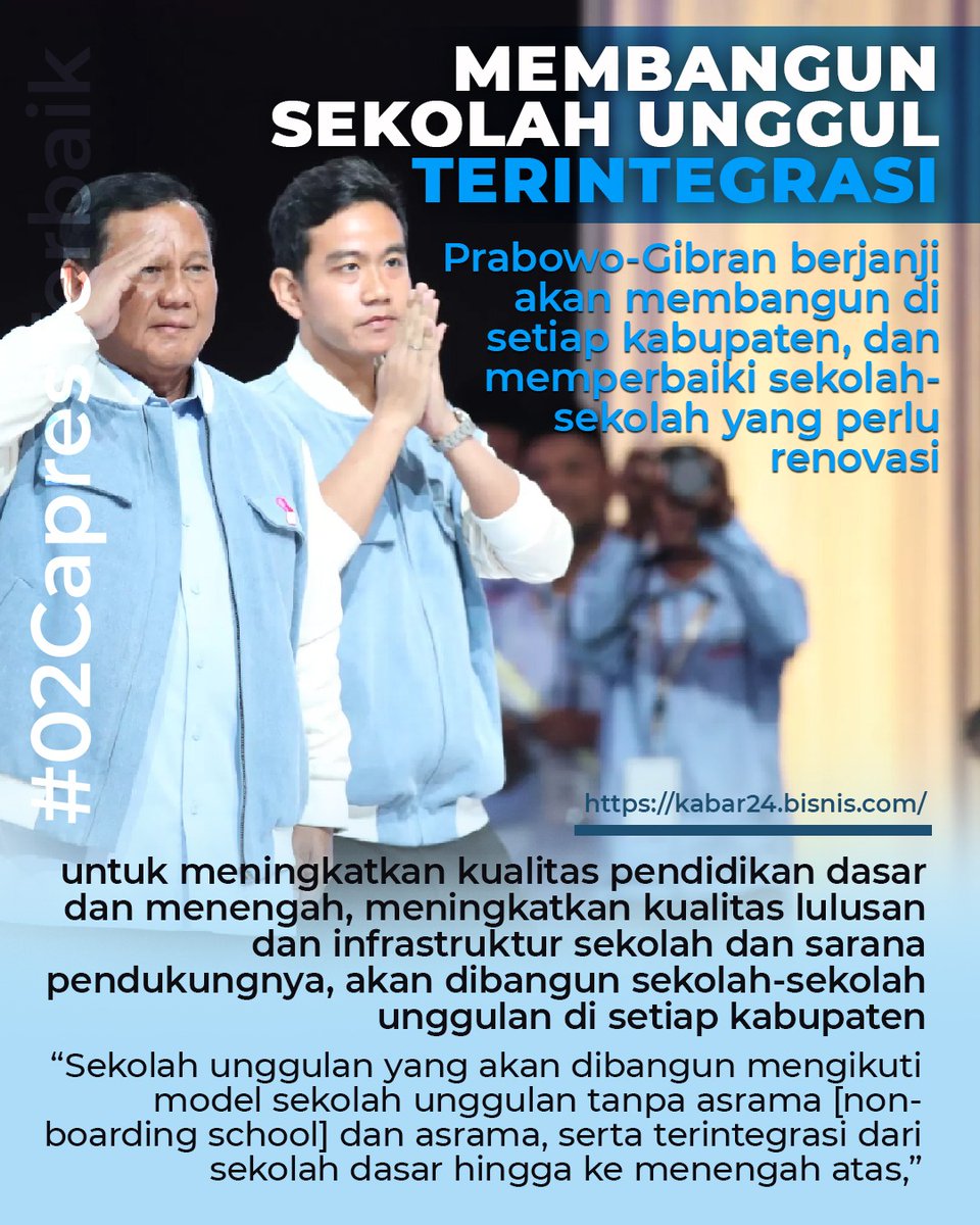 Sekolah unggul terintegrasi akan dibangun lebih banyak oleh Prabowo Gibran sampai ke tingkat kabupaten kota  dan memperbaiki sekolah-sekolah yang perlu direnovasi

#Capres02Terbaik