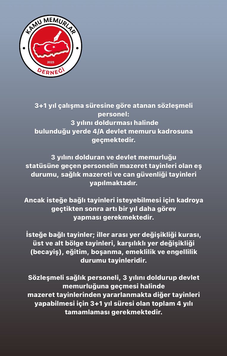 3+1 SİSTEMİNE GÖRE ÇALIŞTIRILAN

ÖĞRETMEN, SAĞLIK ÇALIŞANLARI, DİYANET PERSONELİ VE TÜM KURUMLARDA GÖREV YAPAN MEMURLARIMIZ:

3+1 SÜRE İLE TOPLAMDA 4 YIL ÇALIŞMA YILINA MAHKUM EDİLMEKTEDİRLER.

ÇALIŞMA YILININ 1+1 YIL OLARAK TOPLADA 2 YIL OLACAK ŞEKİLDE REVİZE EDİLMESİNİ SN