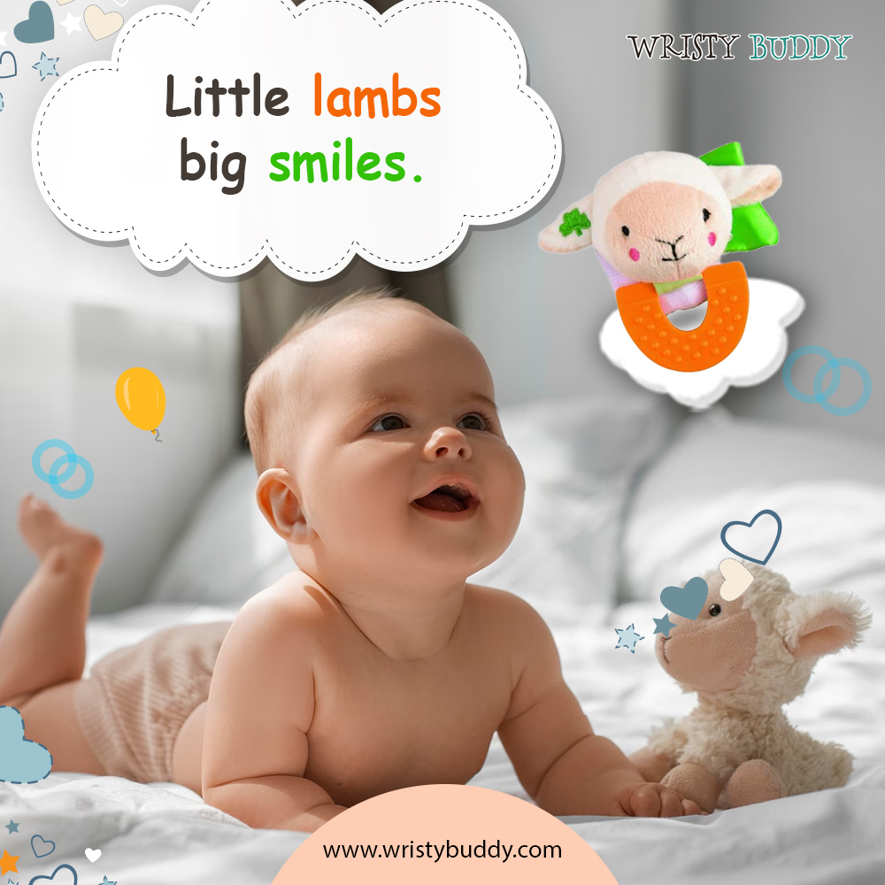 IWristybuddy's tweet image. Chew-sing happiness with our lamb teether – soft, safe, and oh-so-lovable. Watch your little one grin through the teething adventure!

#wristybuddy #babyteethers #soft #safe #teethingrelief #lambteether #newborn #newparents #parenting #smiles