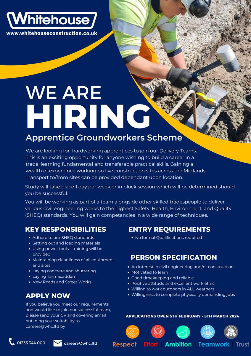 Are you? A hands-on learner An enthusiastic Individual Interested in the construction industry. Motivated to learn and grow. Our Groundworker Apprenticeship Scheme application is now open. #wearewhitehouse #nextgenworkforce
