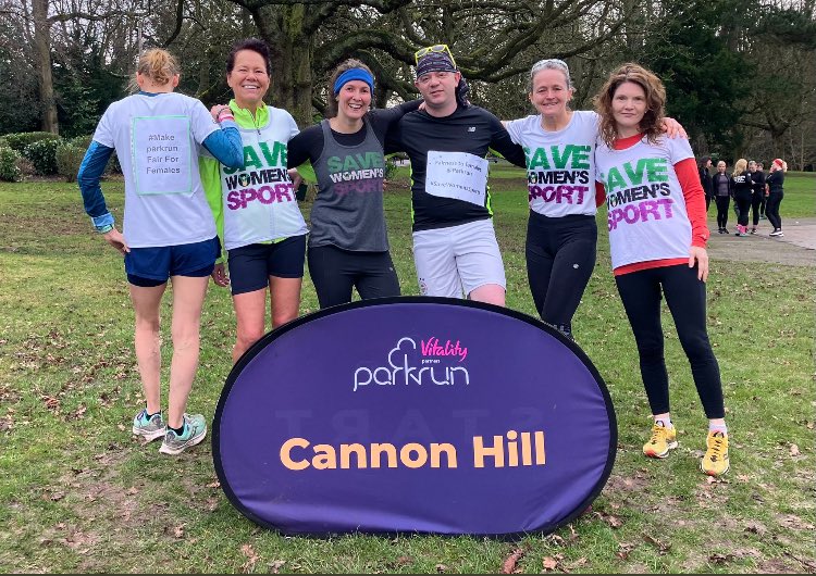mara_yamauchi's tweet photo. Thread on parkrun &amp; censorship.

On Saturday, I and a few friends ran @CannonHparkrun wearing #savewomenssports T-shirts. We had a wonderful time, had a lot of support &amp; are grateful to the fabulous volunteers who put it on. 🙏 Amazing to have men supporting us too! 💪👍 https://t.co/RYHd8N5k9c