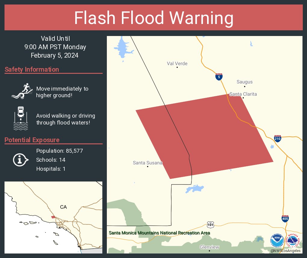 Flash Flood Warning including Los Angeles County, CA, Ventura County, CA until 9:00 AM PST