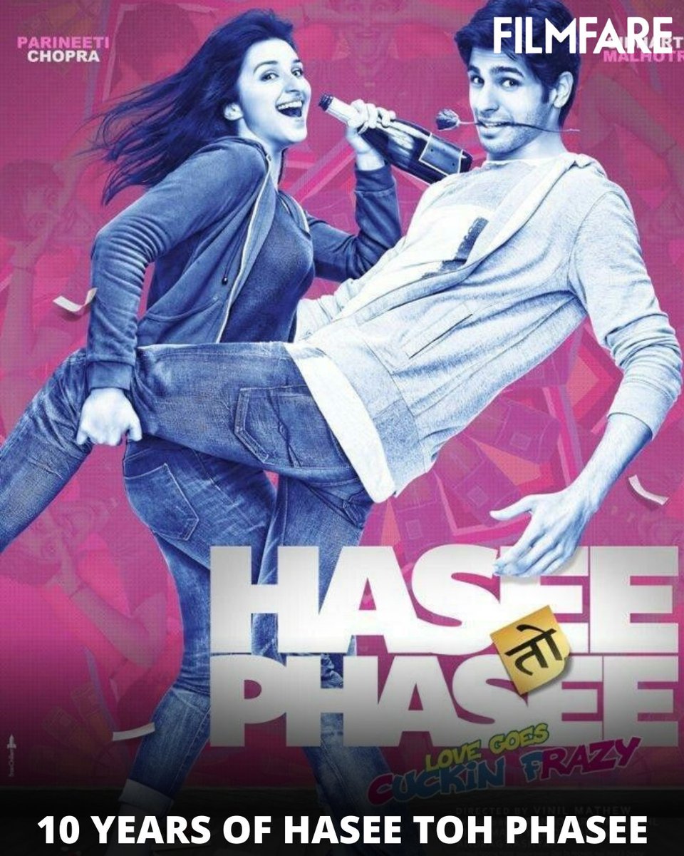 filmfare's tweet image. Cheers to a decade of laughter, love, and unforgettable moments with #HaseeTohPhasee, starring #SidharthMalhotra and #ParineetiChopra. A movie that captured hearts and left a lasting impression! 🎬🎉