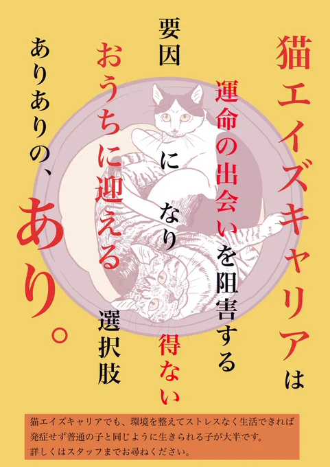 エイズキャリアの子に少しでもご縁が繋がるようにとのご依頼で描きました。フリーにしていいとのことで、よろしければ印刷し譲渡会などでご使用ください。

長い文章は読まれないことが懸念されるので詳細はスタッフさんに丸投げです(笑)その辺りよろしくお願いします😂
#フリーイラスト 
#猫
#保護猫 