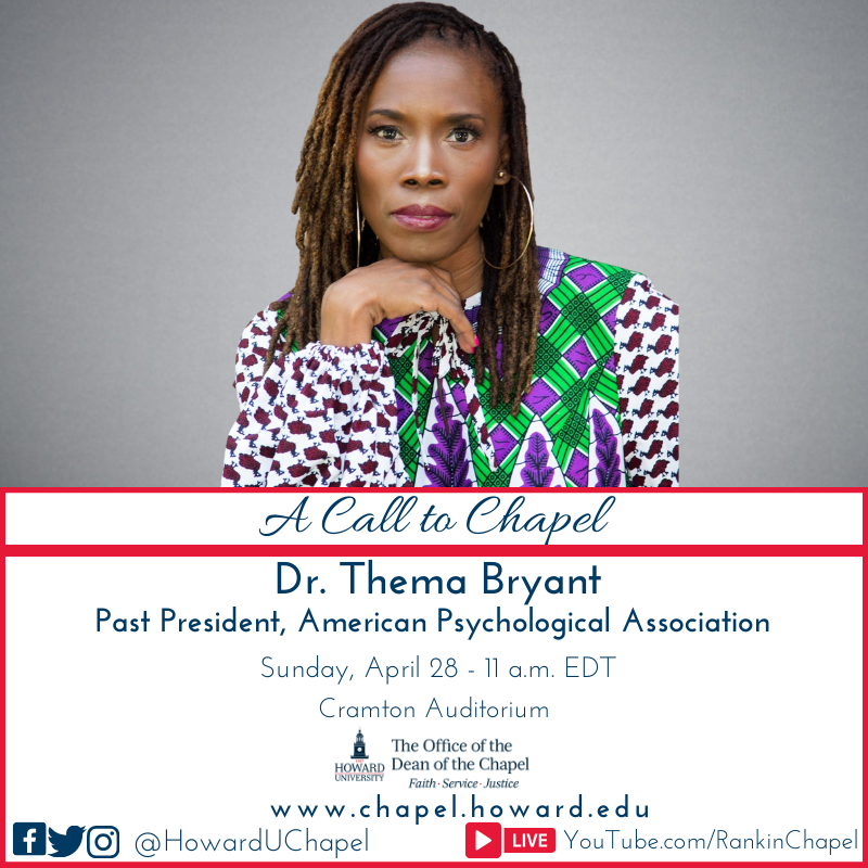 On Sunday, April 28, we will hear from Dr. Thema Bryant, past president of the American Psychological Association. Join us in Cramton Auditorium at 11 a.m. All are welcome! #faithservicejustice