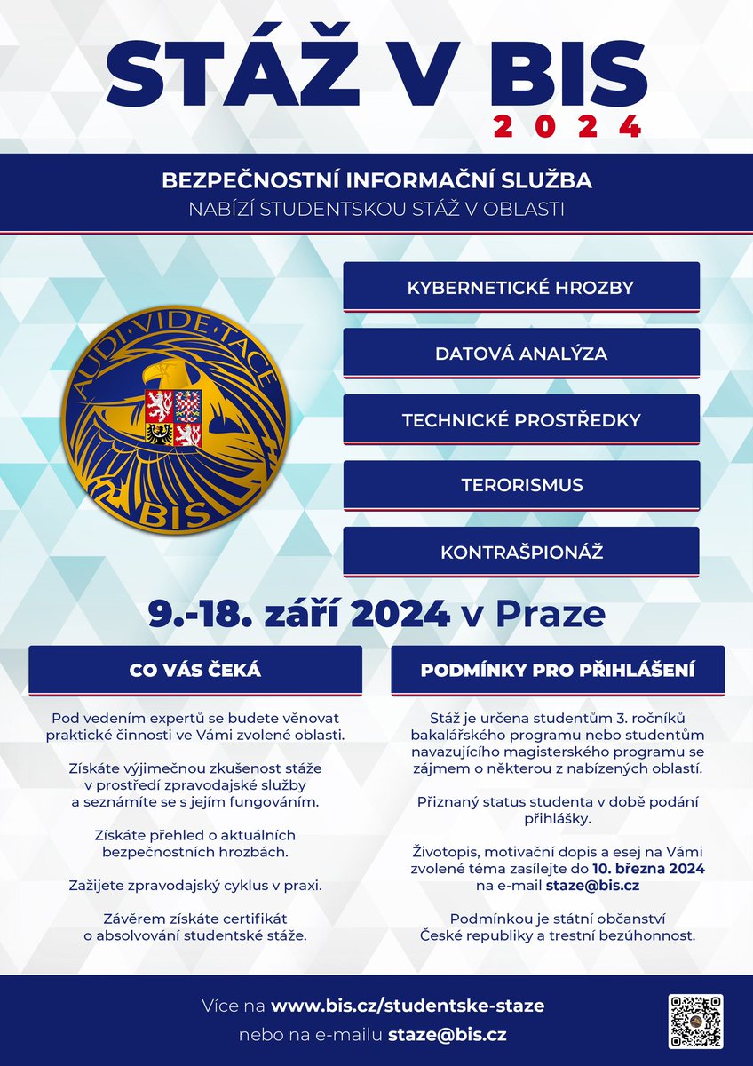 biscz's tweet photo. STUDENTSKÉ STÁŽE U BIS JSOU OPĚT TADY! 
Chcete zažít týden jako důstojníci zpravodajské služby, chcete plnit reálné úkoly pod vedením špičkových zpravodajců a pracovat přímo v ústředí BIS v pražských Stodůlkách? Nebojíte se vyrazit s operativci do terénu a zjistit, jak byste obstáli? Chcete nám pomoci odhalit hackerský útok, dekonspirovat cizího špióna nebo se dostat na stopu teroristů? Pak je tu vaše šance. Více informací na https://t.co/44I2g2HtiP