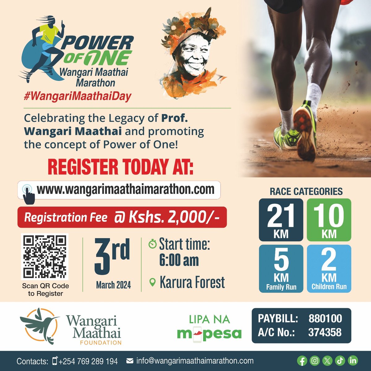 We are thrilled to launch our Wangari Maathai Marathon website today! The inaugural Wangari Maathai Marathon will take place at Karura Forest on March 3rd, also known as Wangari Maathai Day. To register for the marathon, go to:👇 wangarimaathaimarathon.com/register-now #PowerofOne