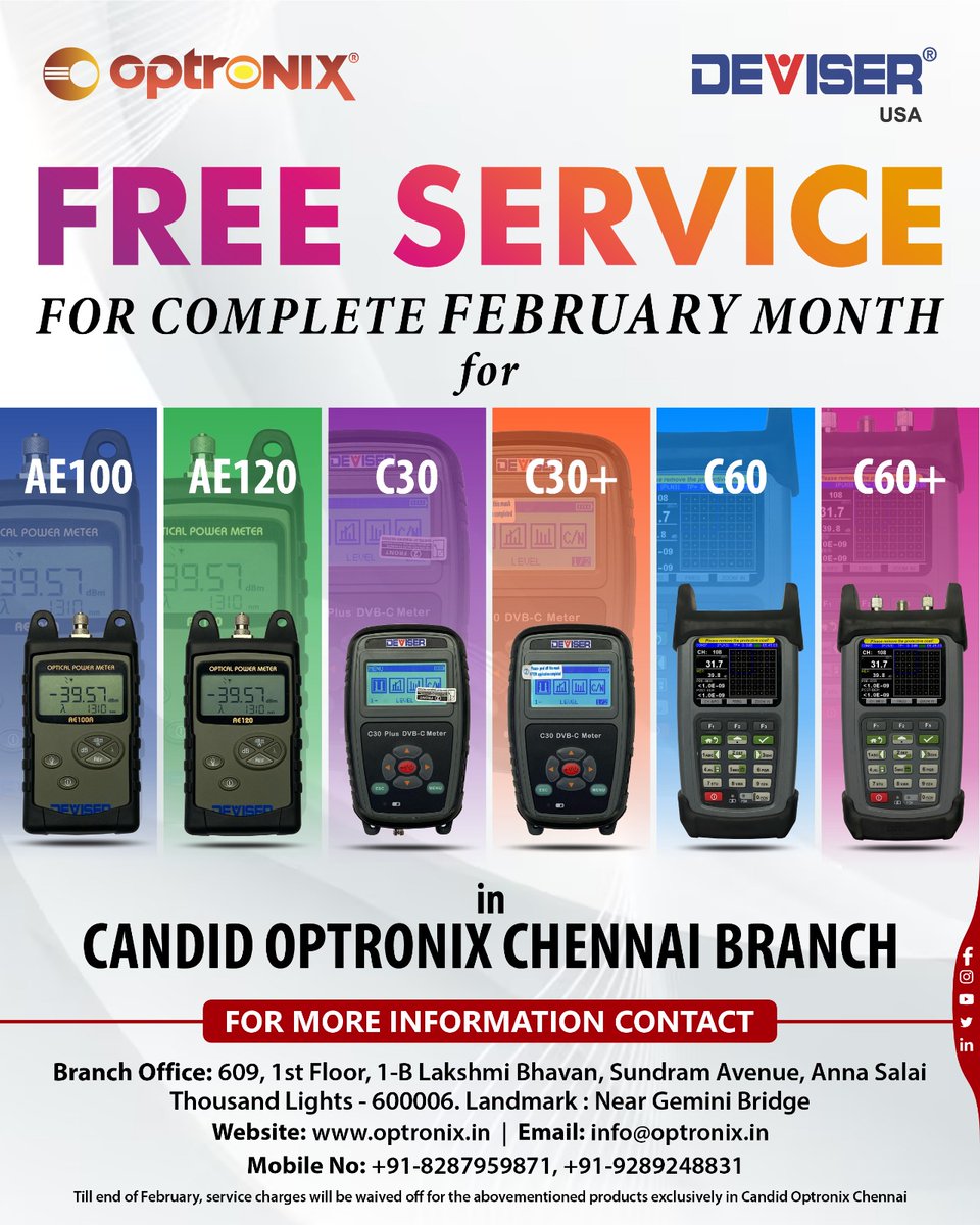 candid_optronix's tweet photo. Free Service for complete February month for
AE100 | AE120 | C30 | C30+ | C60 | C60+ in #CandidOptronix Pvt Ltd #Chennai Branch
Find more info, Call us Now! at +91-8287959871 | 9289248831
Visit us : https://t.co/St9wuM8z0g
#dBmeter #powermeter #telecoms #freeservice https://t.co/hgpr7LKlog