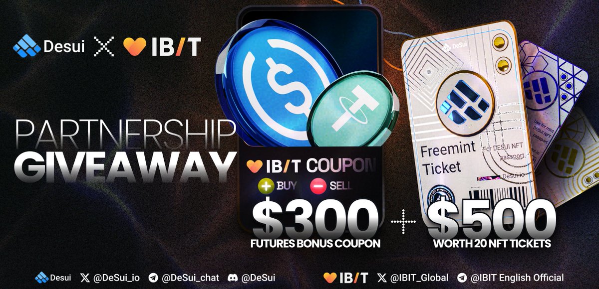 🎉 Giveaway Alert! 🎁

Exciting News! 🚀 Amazing partnership between @Desui_io and <a href="/IBIT_Global/">IBIT</a> is bringing you a thrilling giveaway with fantastic prizes!
Prizes:

💰 $300 Futures Bonus Coupon

🎟️ 20 NFT Tickets (Valued at ~ $500)

To Enter:
1. Follow on Twitter: @Desui_io and