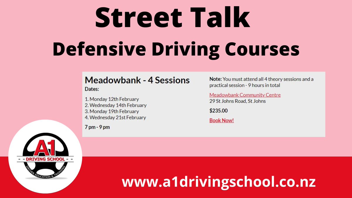 A1DrivinSchool's tweet photo. 🚗🌟 Unleash your inner road warrior with our unmissable Street Talk Defensive Driving Courses in the charming Meadowbank area this February. https://t.co/8vD1qwoimN #A1DrivingSchoolAuckland #DefensiveDriving #DrivingGuides #StreetTalk #LearnToDrive #DrivingTips #DriverTraining https://t.co/TXFvg1cD6w