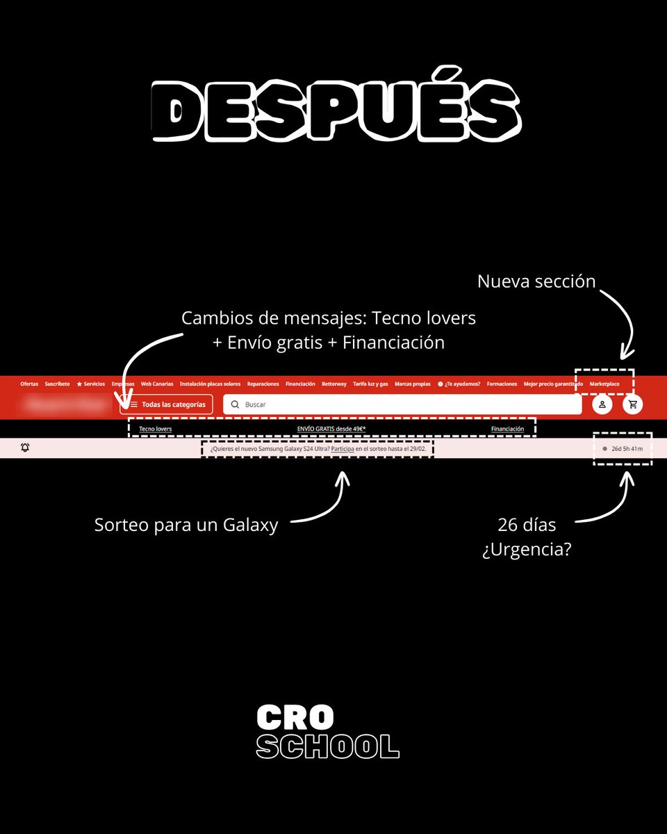 Cambios en el menú navegacional:

- Nueva sección
- Nuevos mensajes en faldón negro
- Ofertas vs Sorteo de un Galaxy
- Apelación a la urgencia (con +/- efectividad previsiblemente)

Antes vs Después

#CRO