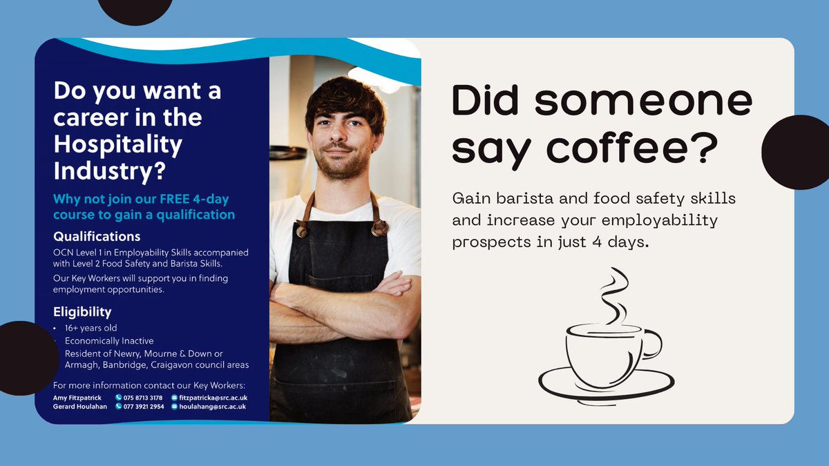 There's an art to perfecting the perfect cup of coffee ☕. From grinding beans, roasting beans to coffee designs. Learn this, plus food safety and employability skills. Contact 👇 Amy 📧 fitzpatricka@src.ac.uk 📞075 8713 3178 Gerard 📧 houlahang@src.ac.uk 📞077 3921 2954