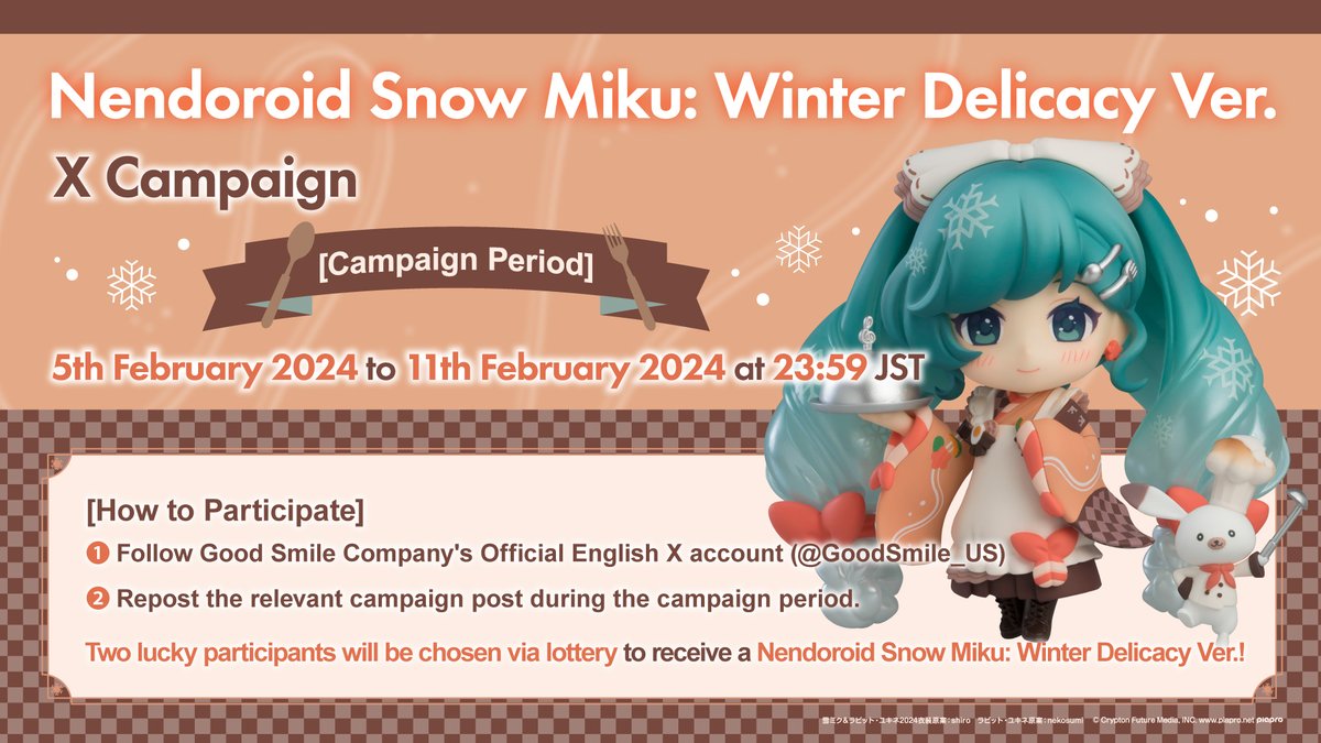 We're holding a special campaign to commemorate our participation in ✨⛄Wonder Festival 2024 Winter!⛄✨ Check out the details in the image below or on our event site 👀 Event site: s.goodsmile.link/gBk #WF2024W #WonHobby38 #goodsmile #SnowMiku