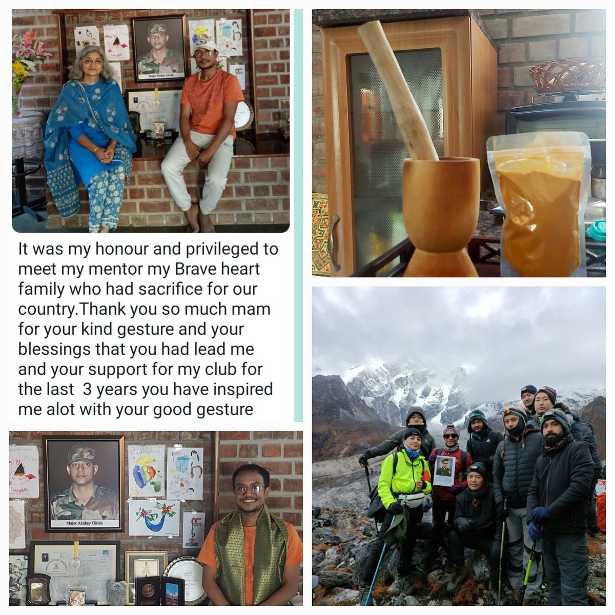 megirish2001's tweet photo. Everyday #GratitudePost
Sam, a young trekker and mountaineer from Meghalaya connected via SM in 2020. He shares his birthday with my raja beta's Balidan Diwas and wanted to pay tributes in his unique way by taking Akshay's pic along on his Sikkim expedition. Since then, we've shared bits of our thoughts for our heroes and how each of us tries in our own tiny ways to make a positive difference...

Yesterday, he visited our home saying 'it was my dream to come and meet you'.... brought beautiful gifts from his mother..... a handmade wooden ginger/ masala crusher and the purest haldi & tea leaves 😍

While we chatted and had lunch together like aunt and nephew, learnt so much about his work... despite humble background and limited opportunities, he organises safe treks... trains trekking guides... helps families in need..... tries to positively influence youth in the region.... and is a proud patriot 🇮🇳

Feeling very happy to know Sam, when I impulsively honoured him with a shawl and blessed him, the cheerful young man broke into tears saying 'thank you for the blessings'

Since he left, been feeling emotional and happy... and his message with yesterdays photo just came....

Gratitude for such wonderful young people.... we need more such youth & our country will be in safe hands ❤️🙏