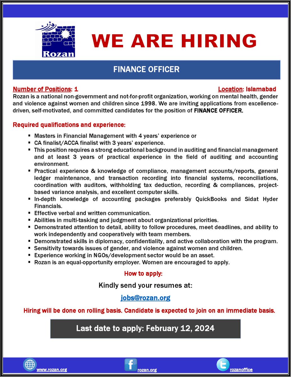 Rozan (@rozanoffice) on Twitter photo Position: Finance Officer
Interested Candidates are required to share their updated CV at:
jobs@rozan.org
Last date to apply: 12th February 2024 Position: Finance Officer
Interested Candidates are required to share their updated CV at:
jobs@rozan.org
Last date to apply: 12th February 2024