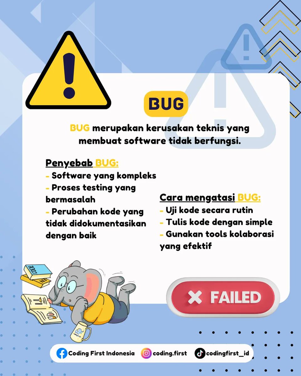 codingfirst_id's tweet image. Hi sobat fico!
Kita pasti sering mengalami BUG dan error ketika sedang menggunakan gadget kita. Sini fico jelasin tentang Apa sih perbedaan BUG dan error. Simak baik-baik ya sobat! ☺️
#coding #codingfirstpurwokerto #CodingForKids #codingisfun #codingfirst #purwokerto