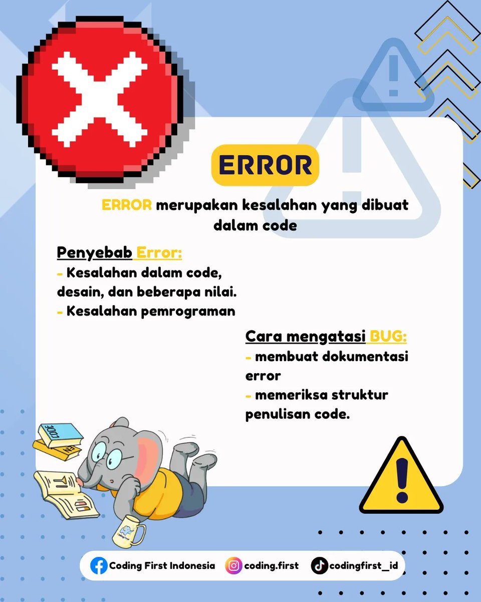 codingfirst_id's tweet image. Hi sobat fico!
Kita pasti sering mengalami BUG dan error ketika sedang menggunakan gadget kita. Sini fico jelasin tentang Apa sih perbedaan BUG dan error. Simak baik-baik ya sobat! ☺️
#coding #codingfirstpurwokerto #CodingForKids #codingisfun #codingfirst #purwokerto