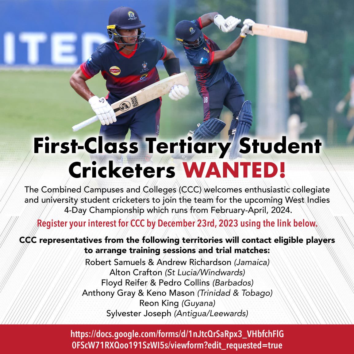 CCC is a UWI Faculty of Sport run franchise. For the next 4yrs, it offers opportunities to tertiary level student cricketers to play FC & List A cricket. CCC with CWI alignment, can use max of 4 non-students to bolster its team. DG Chair Selectors & F Reifer Head Coach. FYI below