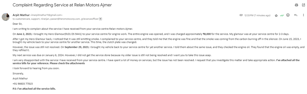 imarpitmathur's tweet image. Frustrated! Paid at Relan Motors Ajmer ₹8,000 for engine work (June 2, 2023), Vehicle still smokes! Multiple services (June 15 &amp;amp; Sept 29), issue persists. 
No one is listening at Ajmer Service Center
 #UnresolvedIssue @HeroMotoCorp @Ranjivjit