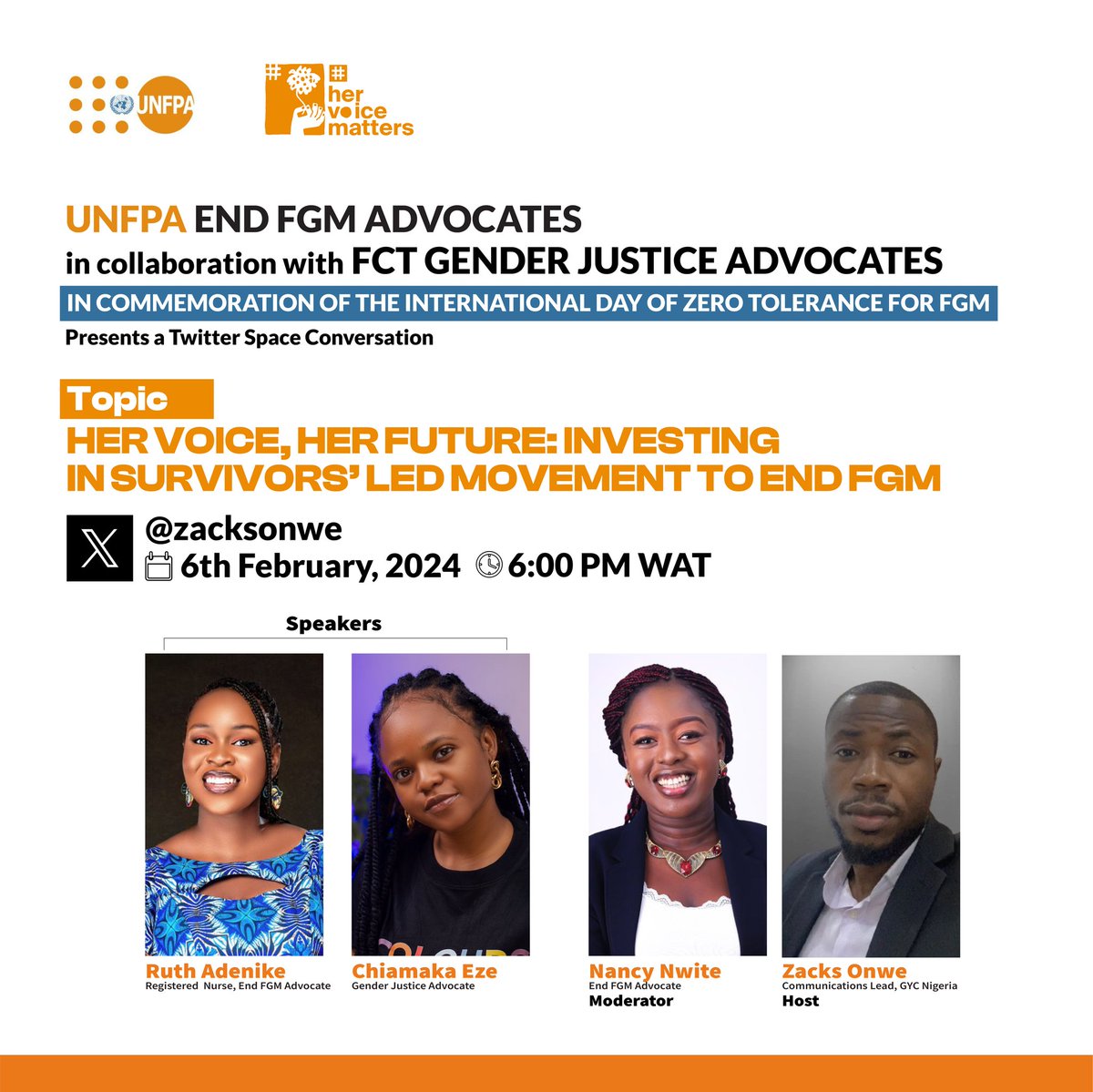 ZacksOnwe's tweet photo. In collaboration with the FCT Gender Justice Advocates, the @UNFPANigeria #EndFGM Advocates will be having a Twitter space conversation in commemoration of IDZ for FGM.
Date: 6.02.2024
Time: 6pm
Join us.
https://t.co/z7sLQMTzGG https://t.co/7Lruv4Kbqo