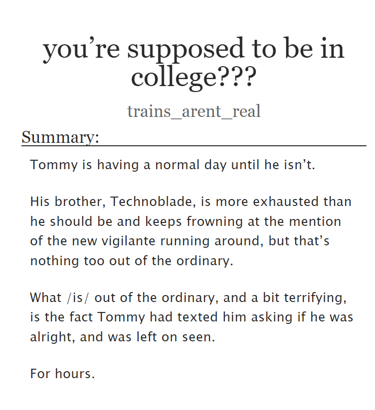 SbiFics's tweet photo. you’re supposed to be in college??? by trains_arent_real
https://t.co/iJohlWw5mL

Warnings: Blood and Injury, Disassociation, Near Death Experiences

Words: 8,768

Complete! 🌻

- 🐙 https://t.co/kk26OSojxM