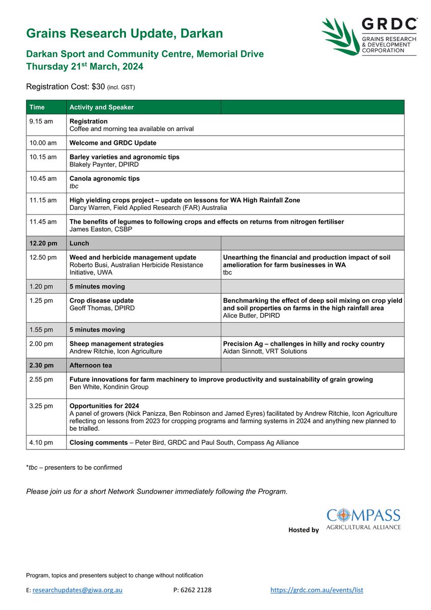 CompassAgAu's tweet photo. 🗓️ Save the date! 

Compass Ag are hosting a @theGRDC @GRDCWest #GrainsResearchUpdate on Thursday 21st March 🌾 

Head down to the Darkan Sports Complex to hear numerous grains of wisdom from our awesome lineup of presenters.

Registrations are open at: https://t.co/Rh7GVbbp0X https://t.co/1Dd8adGIrr