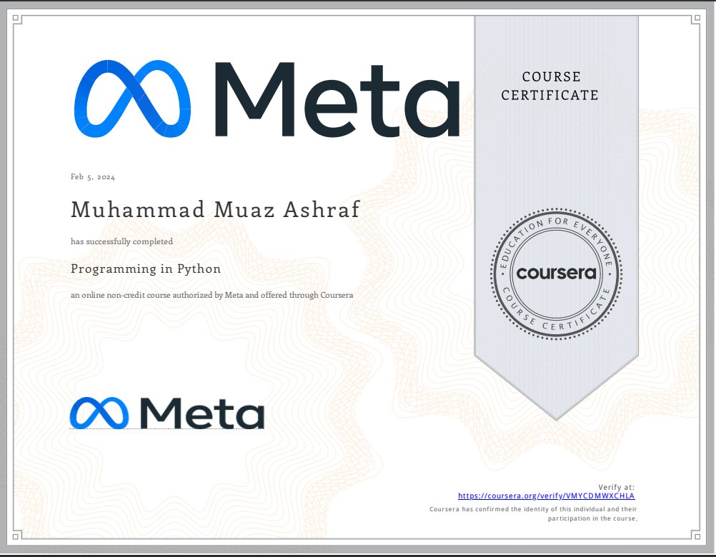 TheMuazAshraf's tweet photo. Another Certification added 🎉

Thanks, @Coursera and @Meta for this amazing learning opportunity.

Excited to implement my learnings in real projects.

#python #dataanalytics #datascience https://t.co/zZLSnN4i1Y