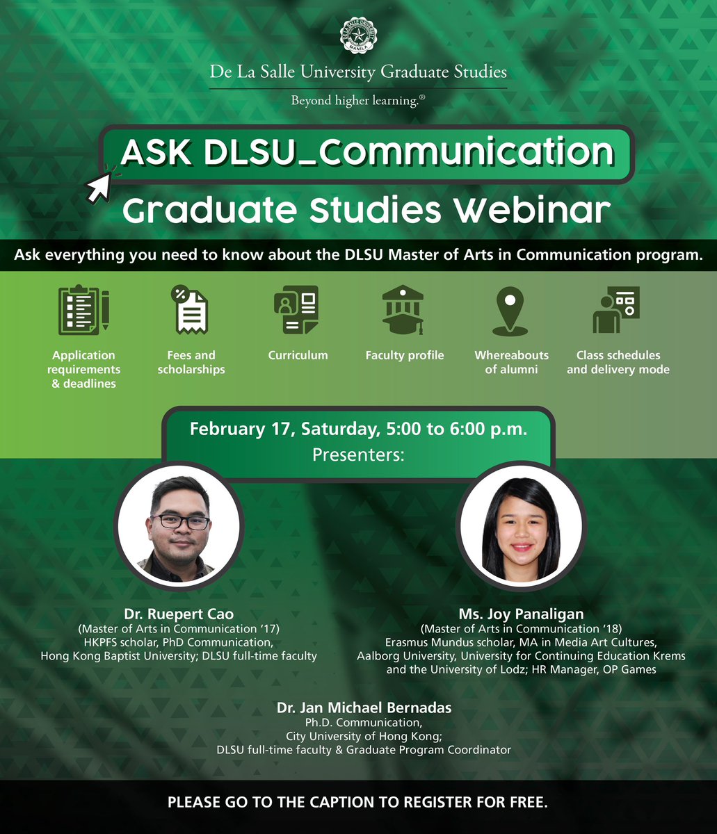 Ask everything you need to know about the DLSU Master of Arts in Communication program. Join the Ask DLSU_Communication info session on Feb. 17, Saturday, 5 p.m. to 6 p.m. via Zoom.  Register for free here: zoom.us/meeting/regist…