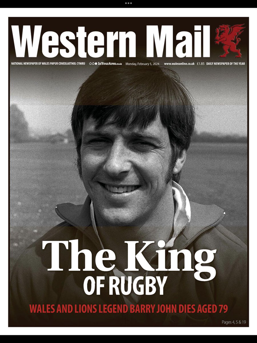The front page in Wales on this sad Monday morning #BarryJohn #BarryJohnTheKing