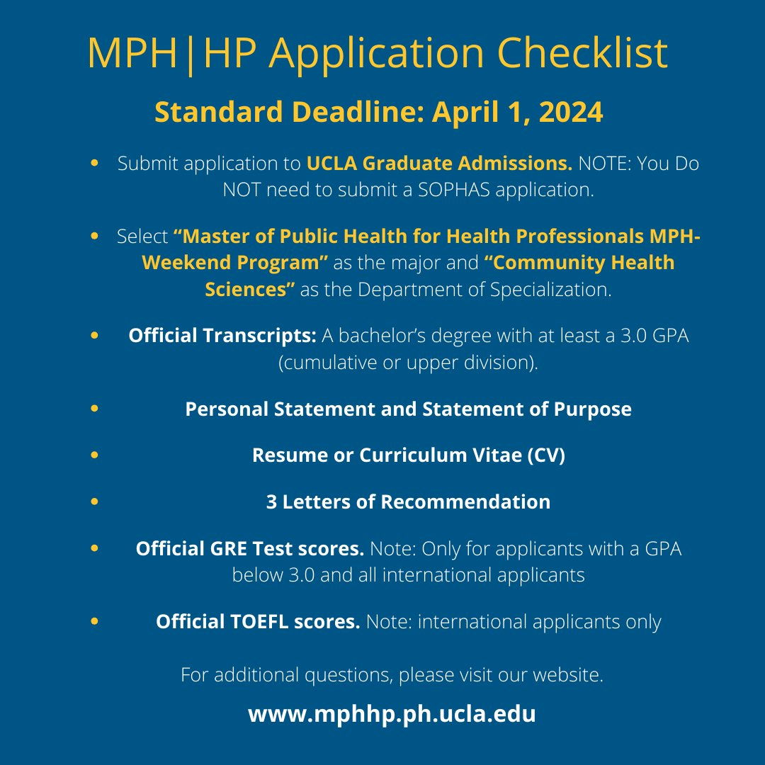 If you missed our priority deadline it’s not too late. The HP standard deadline is April 1, 2024. We invite prospective students to apply for Fall 2024. Visit our website, and sign up for our next Informational Q&A Session Monday, February 26; 5:PM. #mphhp #uclafsph #UCLA #MPH