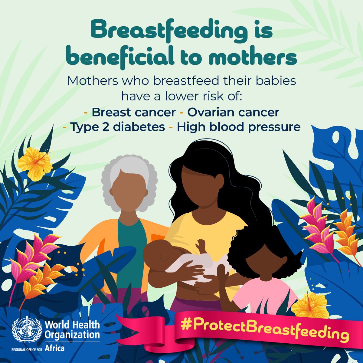 Did you know that breastfeeding has important positive long-term impacts on the health of infants and mothers?  Breastfeeding 🤱🏿 reduces risk of diseases such as cancer in mothers.

#ProtectBreastfeeding