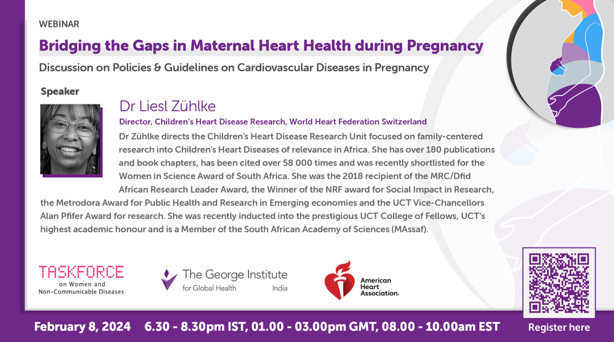 Engage in an insightful discussion with Dr. Liesl Zuhlke of @worldheartfed as she delves into cardiovascular diseases in #pregnancy guidelines for LMICs. Explore the expertise of professional organizations shaping #maternalhealth. 🗓️8th Feb 7:20-7:40PM 🔗bit.ly/3vUOAGx