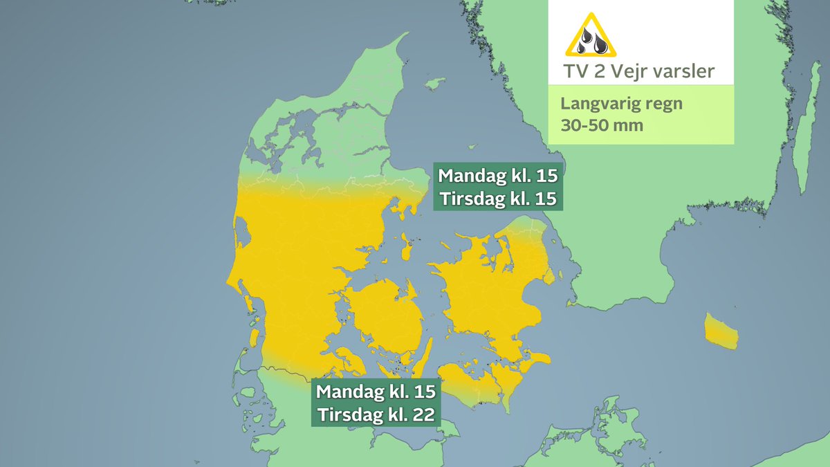 🌧️TV 2 Vejr varsler store mængder regn 30-50 mm nedbør i løbet af 1,5 døgn.

Det kommer til at have store konsekvenser efter en våd januar, der kom efter et rekord vådt 2023

Forvent problemer i trafikken hele tirsdagen ☔️
Oversvømmelser på veje og lavtliggende områder.