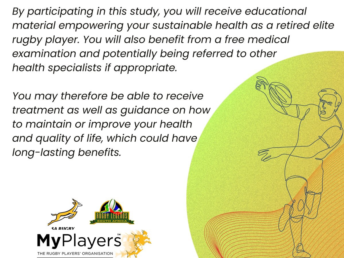 We are calling on all retired professional rugby players to participate in an exciting research study funded by World Rugby & supported by SARU, SARLA & MyPlayers. Click on this link or see the images for more information and to sign up bit.ly/3lfA5rH 💪🏉